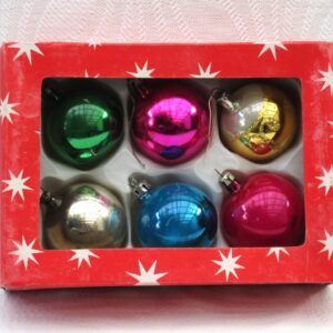 Vintage Christmas Decorations Boxed Glass Baubles x6 Multicoloured 60s 70s Image