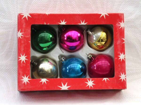 Vintage Christmas Decorations Boxed Glass Baubles x6 Multicoloured 60s 70s Image