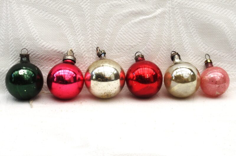 Vintage Christmas Decorations Glass Baubles x6 Multicoloured 60s 70s Image