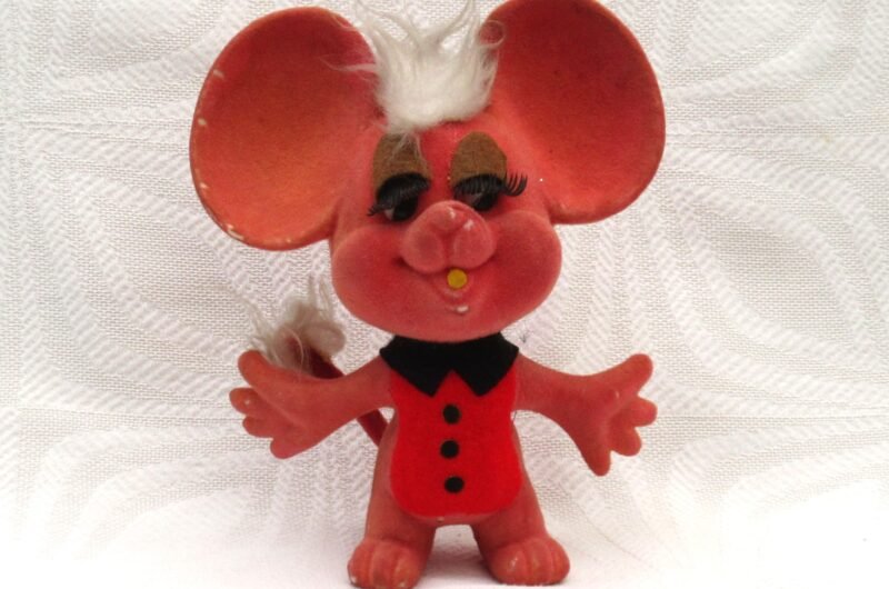 Vintage Christmas Decorations Large Red Flock Mouse Ornament 60s 70s Image