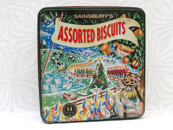 Vintage Christmas Tin Sainsburys Assorted Biscuits 12 Days 1980s Images