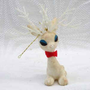 Vintage Christmas Tree Decorations White Flock Reindeer Big Eyes 60s 70s Image