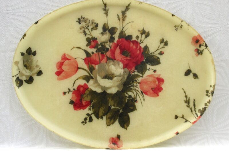 Vintage Tray Large Oval Fibreglass Cream Pink Roses Floral 1960s Image