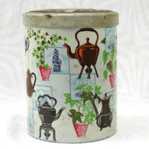 Vintage Tin Old Teapots Plants Illustrated Design Cylinder Shape 1960s Image