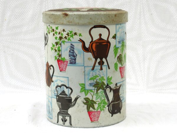 Vintage Tin Old Teapots Plants Illustrated Design Cylinder Shape 1960s Image