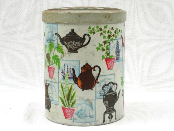 Vintage Tin Old Teapots Plants Illustrated Design Cylinder Shape 1960s Image