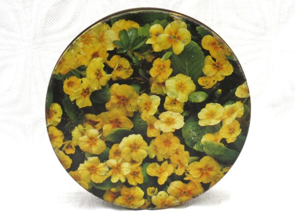 Vintage Tin Peak Freans Biscuits Round Yellow Primrose Design 60s 70s Image