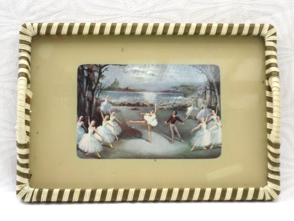 Vintage Tray Swan Lake with Handles Plastic Woven Edge Carlotta Edwards 50s 60s Image