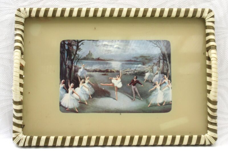 Vintage Tray Swan Lake with Handles Plastic Woven Edge Carlotta Edwards 50s 60s Image