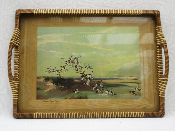 Vintage Tray with Handles Vernon Ward Oyster Catchers Plastic Woven Edge 50s 60s Image