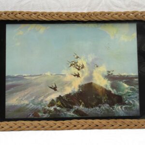 Vintage Wicker Edge Tray Vernon Ward Flying Birds Sea Rocks 50s 60s Image