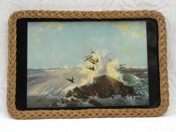 Vintage Wicker Edge Tray Vernon Ward Flying Birds Sea Rocks 50s 60s Image