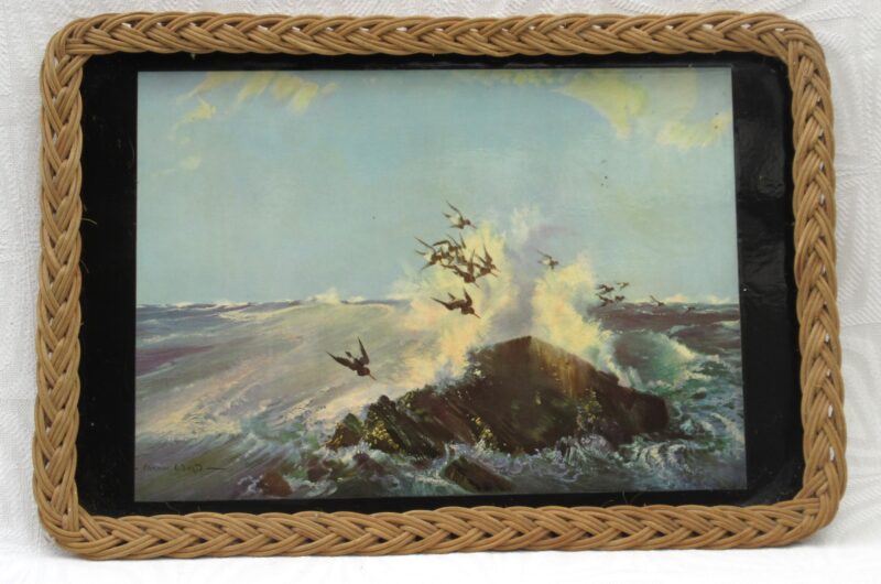 Vintage Wicker Edge Tray Vernon Ward Flying Birds Sea Rocks 50s 60s Image