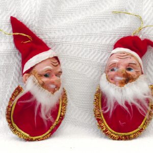 Vintage 50s 60s Christmas Decorations Dolls Head Santa Hanging Ornament Pair Image