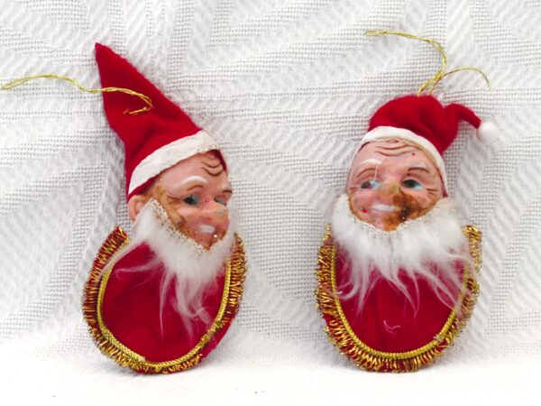 Vintage 50s 60s Christmas Decorations Dolls Head Santa Hanging Ornament Pair Image