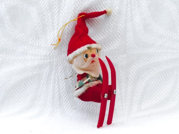 Vintage 50s 60s Christmas Decorations Santa on Skis Hanging Ornament Japan Image