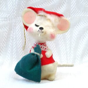 Vintage 60s 70s Christmas Decorations White Flock Mouse Hanging Ornament Image