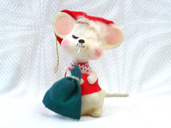 Vintage 60s 70s Christmas Decorations White Flock Mouse Hanging Ornament Image