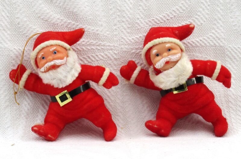 Vintage 70s 80s Christmas Decorations Flock Dancing Santas x2 Image