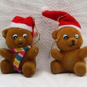 Vintage 70s 80s Christmas Decorations Flock Teddy Bears x2 Image