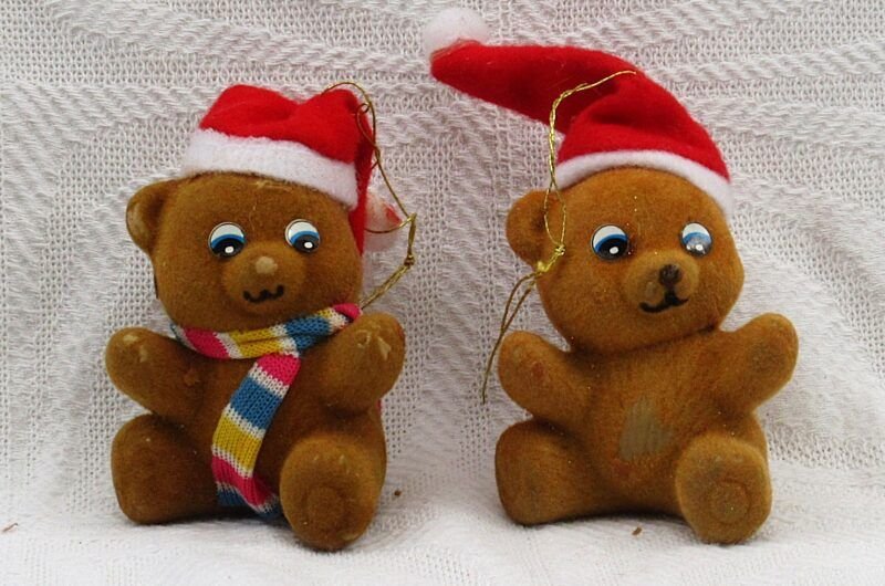 Vintage 70s 80s Christmas Decorations Flock Teddy Bears x2 Image