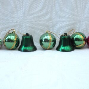 Vintage 80s 90s Christmas Decorations Green Pink Plastic Mixed Baubles x7 Image