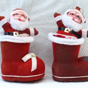 Vintage 80s Christmas Decorations Flock Santa in Boot Pair Tree Ornaments Image