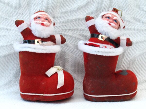 Vintage 80s Christmas Decorations Flock Santa in Boot Pair Tree Ornaments Image