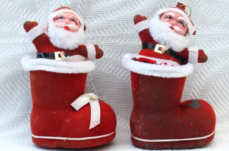 Vintage 80s Christmas Decorations Flock Santa in Boot Pair Tree Ornaments Image
