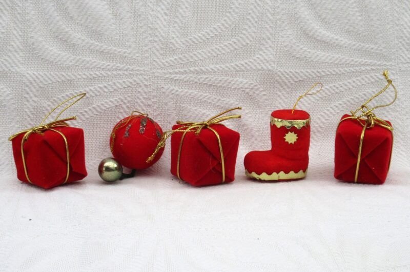 Vintage 80s Christmas Decorations Red Flock Hanging Ornaments x5 Image