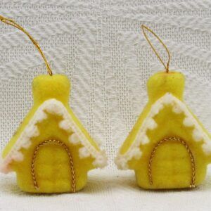 Vintage 80s Christmas Decorations Yellow Flock House Hanging Ornaments x2 Image