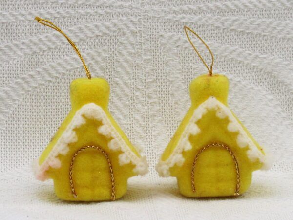 Vintage 80s Christmas Decorations Yellow Flock House Hanging Ornaments x2 Image