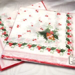 Vintage 80s Christmas Table White Square Napkins x8 Holly Berry Design Unused Image