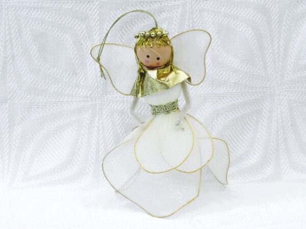 Vintage 90s Christmas Decorations Hanging Fairy Net Petal Skirt Cream Gold Image