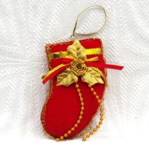 Vintage 90s Christmas Decorations Hanging Ornament Stocking Red Fabric Gold Detail Image