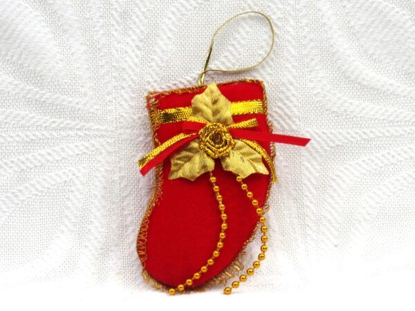 Vintage 90s Christmas Decorations Hanging Ornament Stocking Red Fabric Gold Detail Image