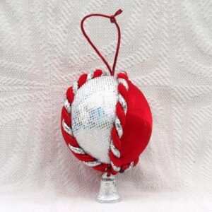 Vintage Christmas Decorations Fabric Covered Bauble Red Silver with Bell Image