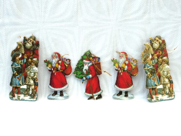 Vintage Christmas Decorations Victorian Style Cardboard Cut Out Santas x5 - Image 2