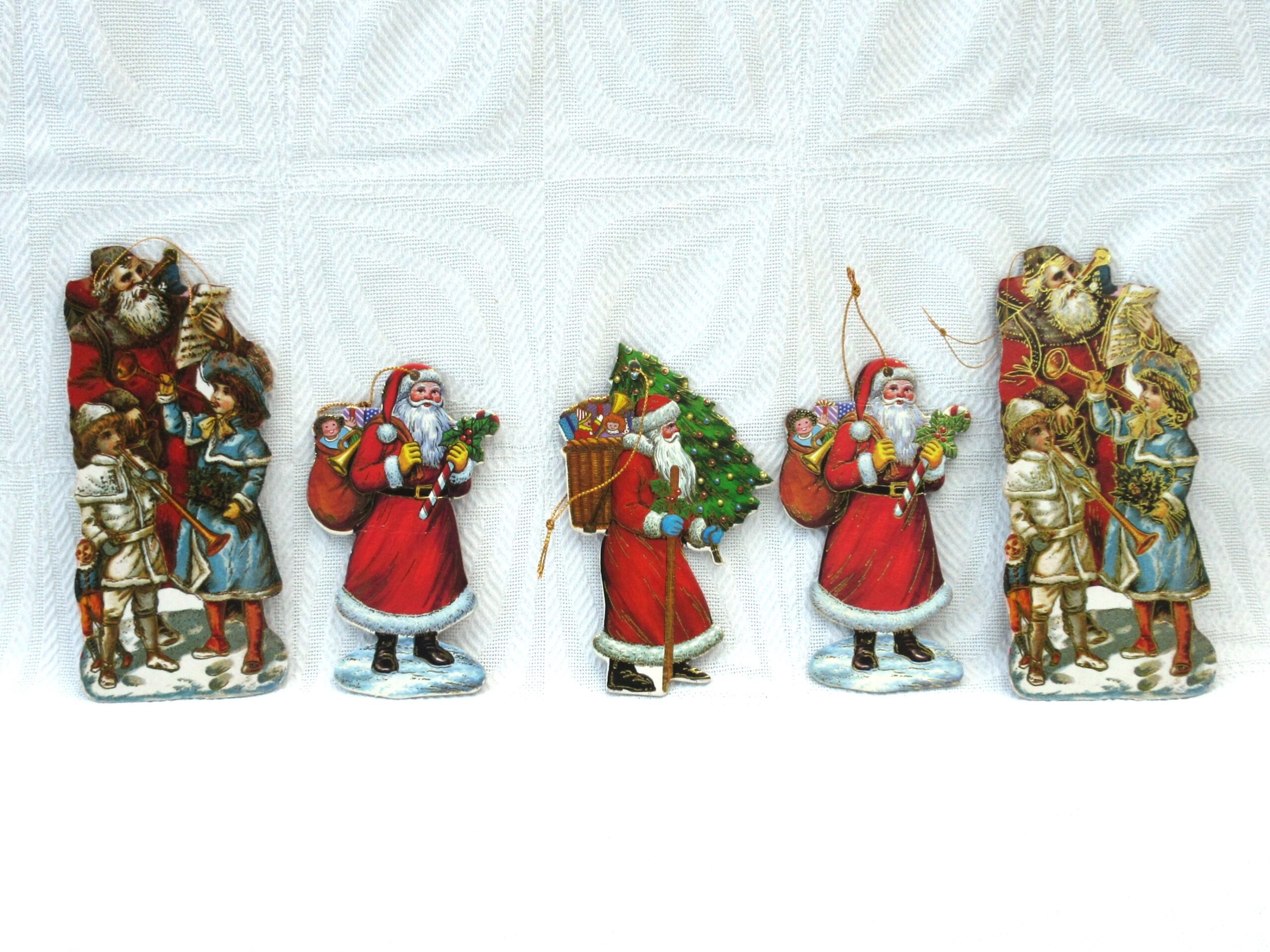 Vintage Christmas Decorations Victorian Style Cardboard Cut Out Santas x5 Image
