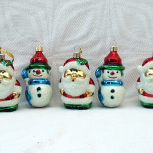 Vintage Style Christmas Decorations Glitter Santa Snowmen Baubles Set of 5 Image