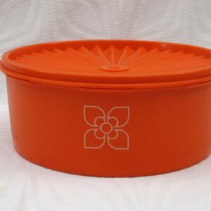 Vintage Tupperware-Orange Servalier Flat Storage-Container-Fan-Lid-70s-80s