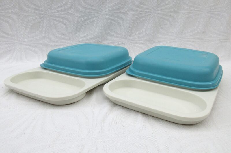 Vintage Tupperware Blue Sandwich Lunch Box Trays x2 80s 90s Image