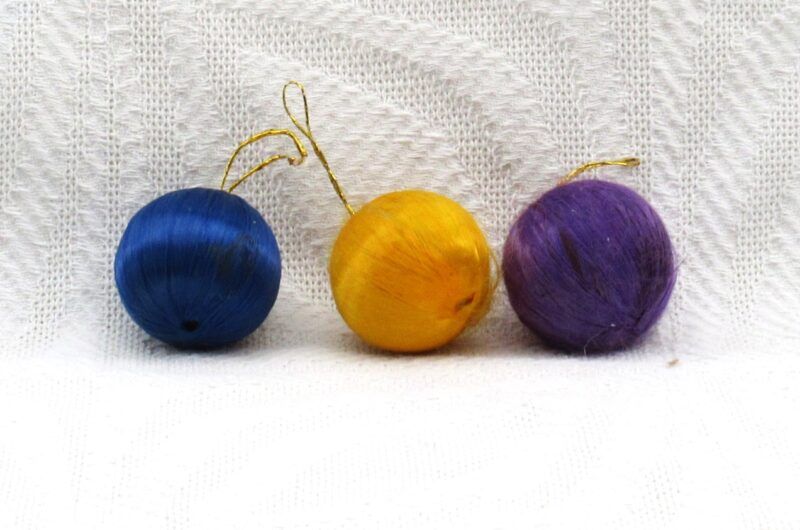 Vintage 60s 70s Christmas Decorations Mini Woven Silk Baubles x3 Image