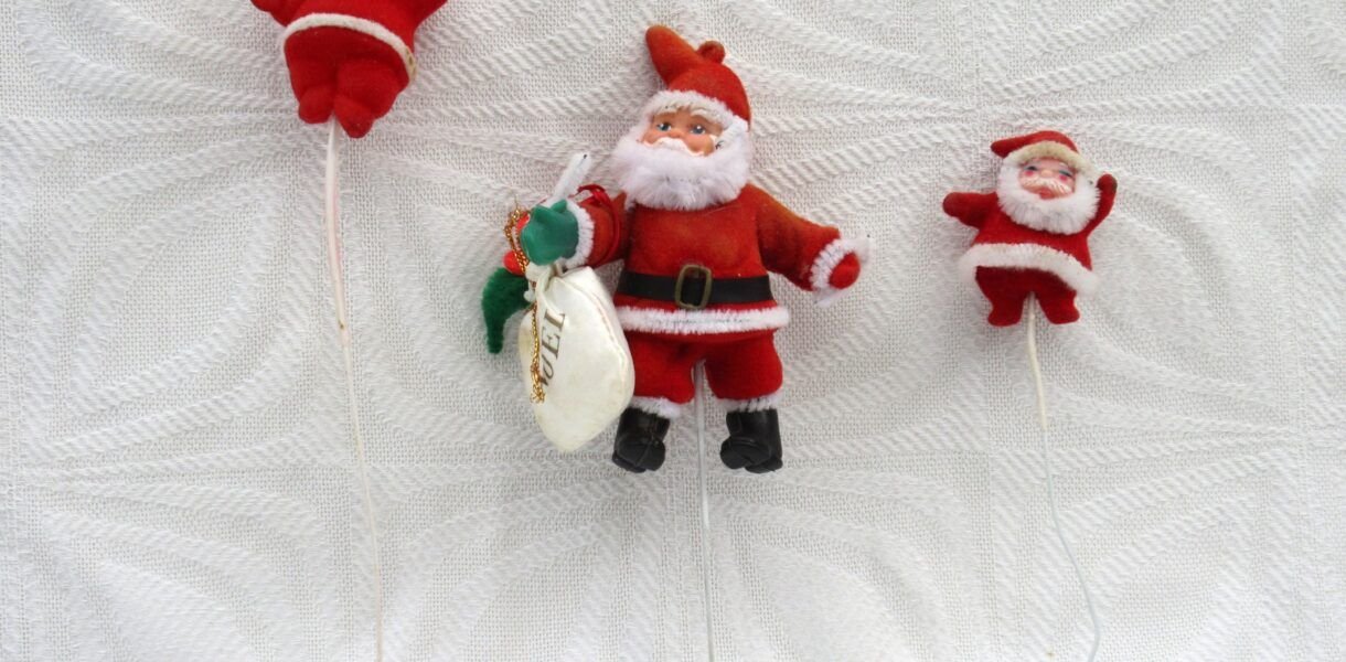 Vintage 70s 80s Christmas Decorations Flock Santa on Stick Image
