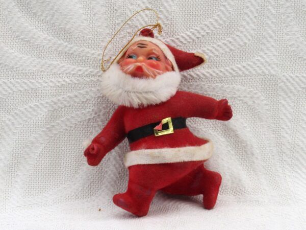 Vintage 70s 80s Christmas Decorations Flock Walking Santa Hanging Ornament Image