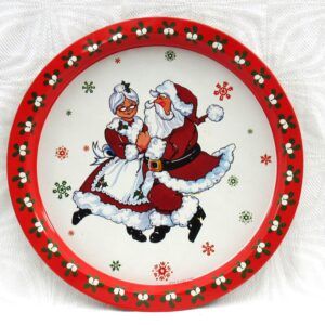 Vintage 70s Christmas Decorations Round Tin Tray Mr & Mrs Clause Dancing Image