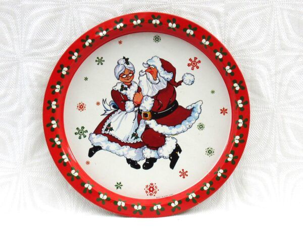 Vintage 70s Christmas Decorations Round Tin Tray Mr & Mrs Clause Dancing Image