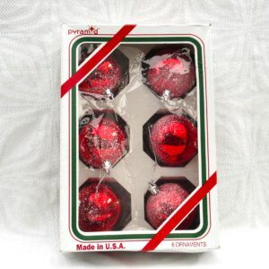 Vintage 80s 90s Christmas Decorations Red Plastic Baubles Frosted Box of 6 Image