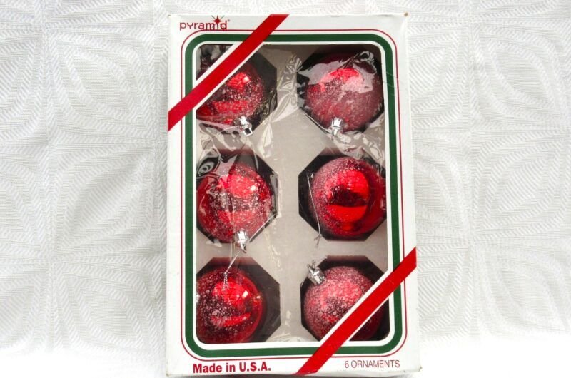 Vintage 80s 90s Christmas Decorations Red Plastic Baubles Frosted Box of 6 Image