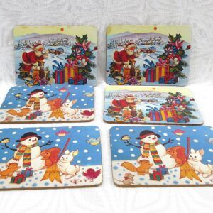 Vintage 80s 90s Childrens Christmas Placemats x6 Santa Snowman Designs Image